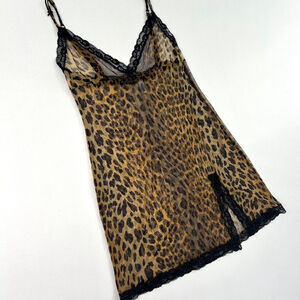 Moschino mesh leopard print slip with black lace trim